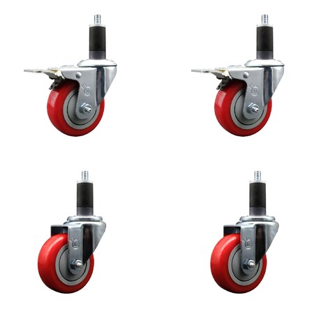 Service Caster 3.5'' Red Poly Swivel 1-1/4'' Expanding Stem Caster Set 2 Total Lock Brakes, 4PK SCC-EXTTL20S3514-PPUB-RED-2-S-2-114